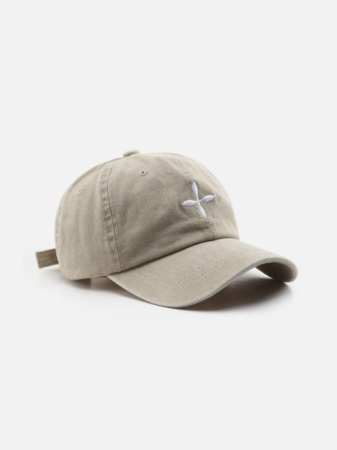 Khaki baseball cap featuring an embroidered crucifix by TALISHKO, a versatile streetwear piece.