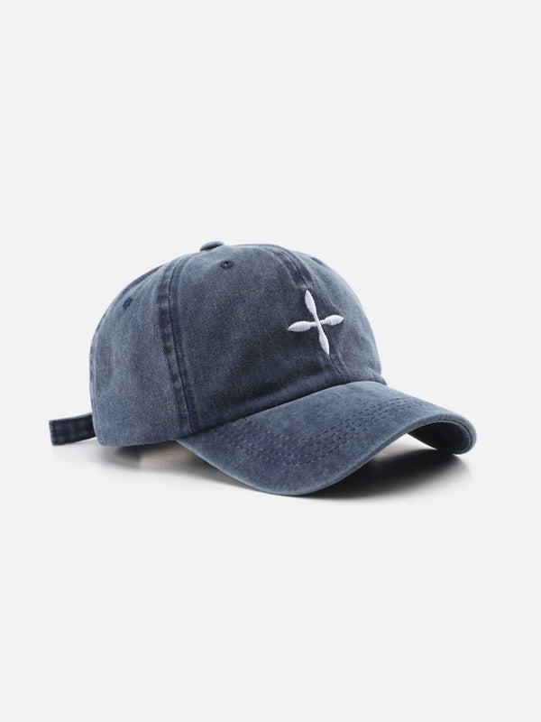 Navy blue baseball cap by TALISHKO featuring an embroidered crucifix design, ideal for casual wear.