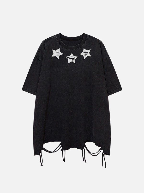 Front view of a black distressed tee with star embroidery by TALISHKO, featuring a washed look.
