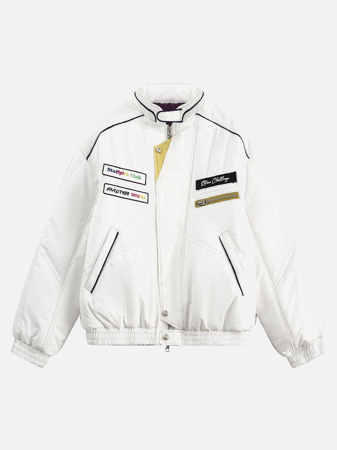 Front view of white bomber jacket by TALISHKO featuring embroidered patches and double-ended zipper.