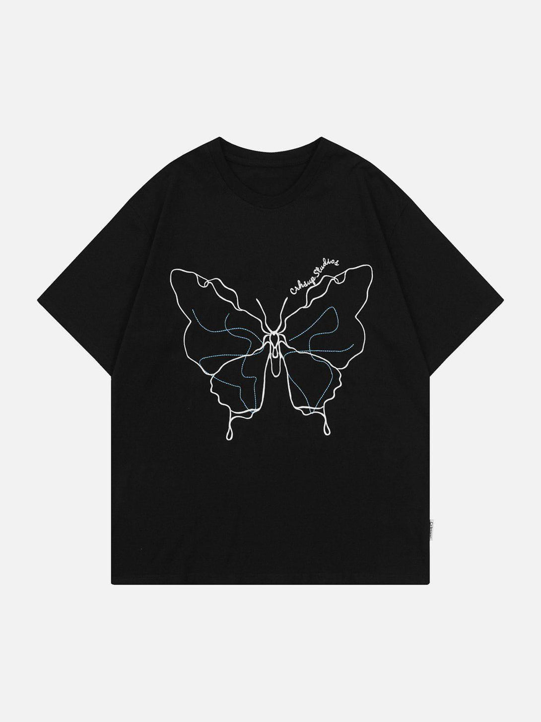 Front view of a black TALISHKO tee with a line art butterfly design, perfect for casual outings.