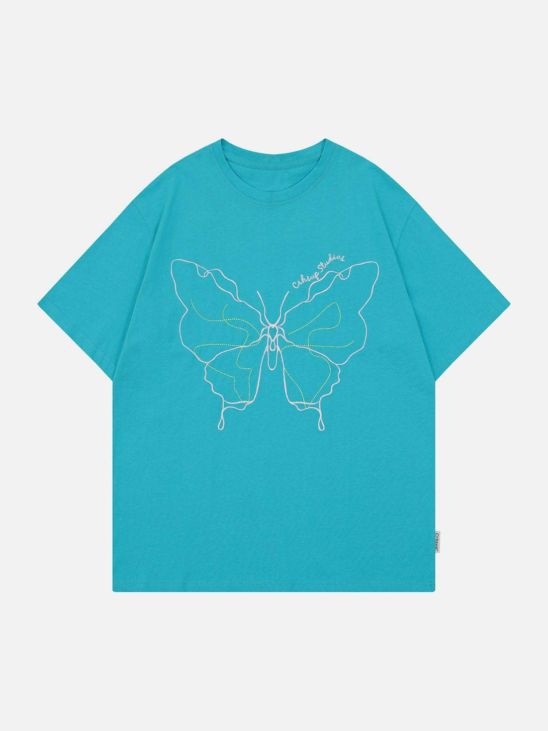 Front view of a blue TALISHKO tee featuring a line art butterfly, ideal for casual summer days.