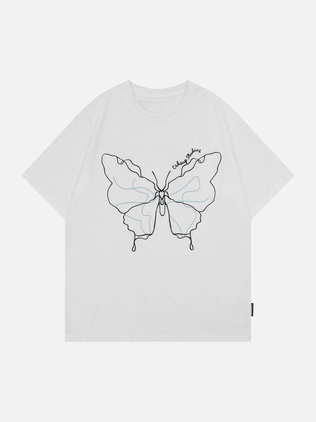 Front view of a white TALISHKO t-shirt featuring a line art butterfly design, perfect for warm days.