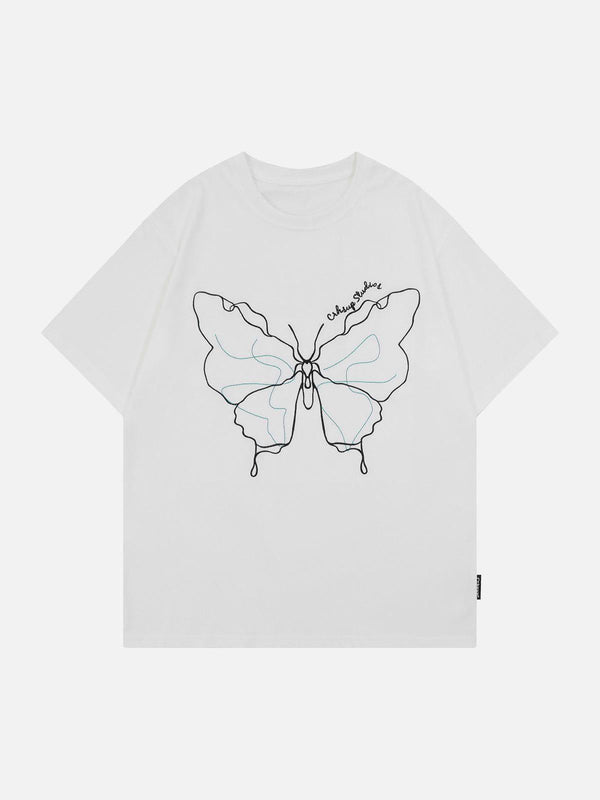 Front view of a white TALISHKO t-shirt featuring a line art butterfly design, perfect for warm days.