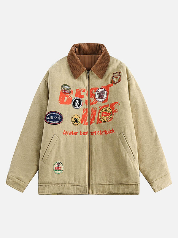 Khaki barn jacket with embroidery patchwork, front view, featuring TALISHKO's unique design.