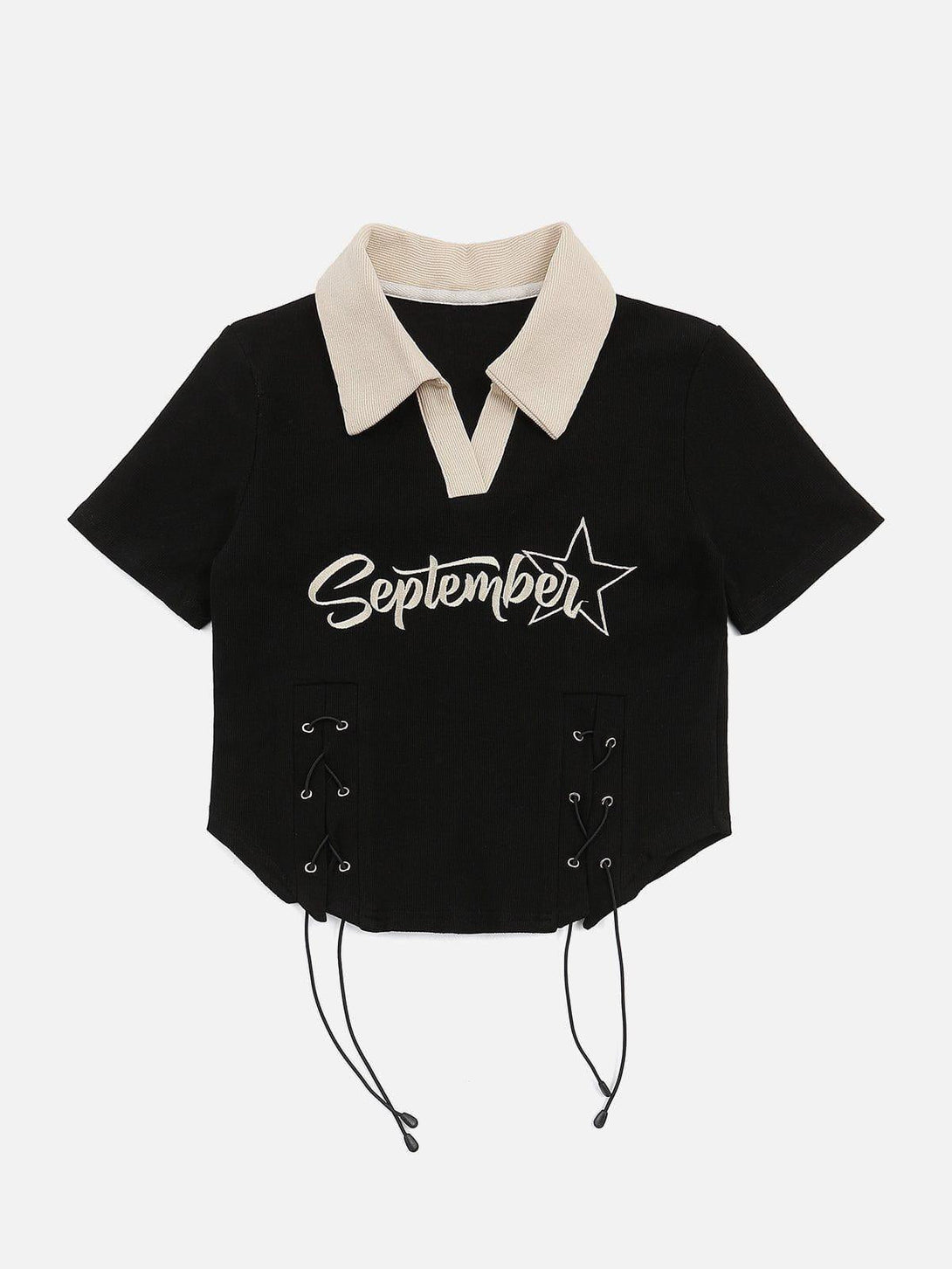 Front view of TALISHKO's black tee with a fold-over collar, star embroidery, and side drawstrings.