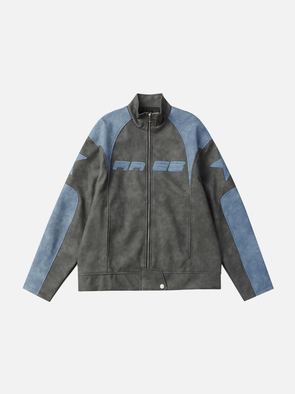 Front view of TALISHKO's gray cropped racing jacket, featuring blue panels and embroidery.