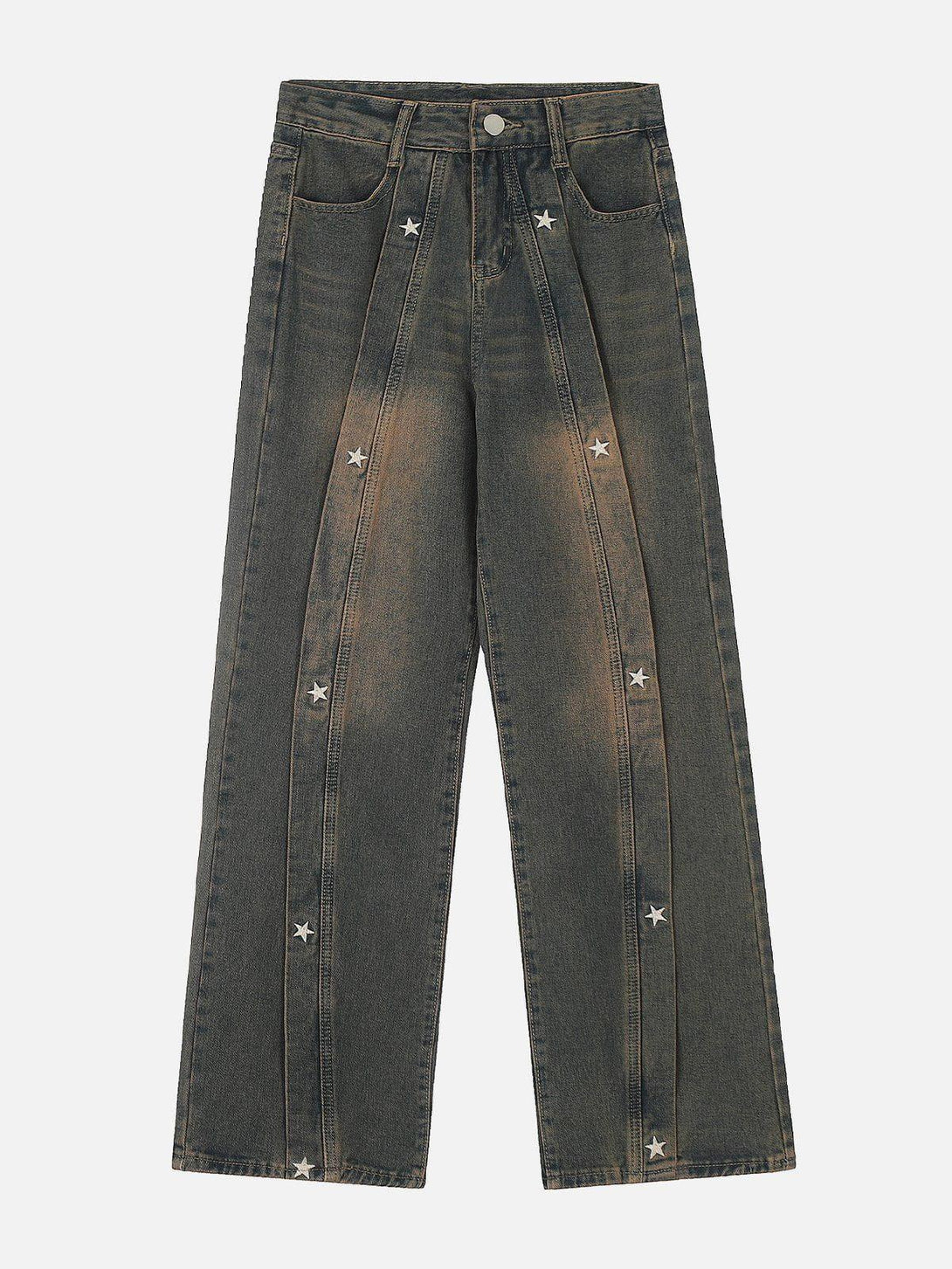 Front view of TALISHKO black washed jeans with silver star embroidery for urban style.
