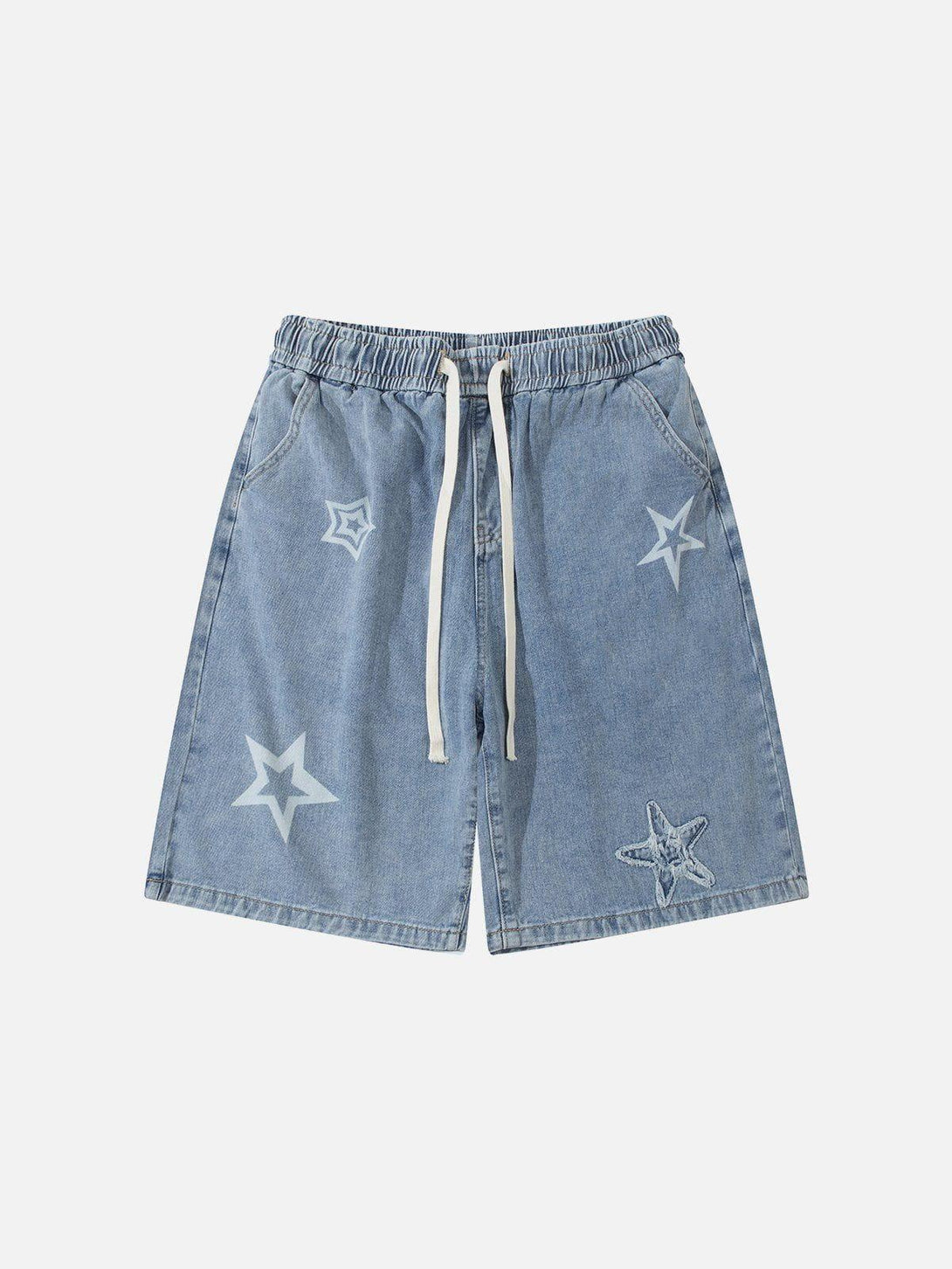 Blue denim jorts with star embroidery by TALISHKO, showcasing a relaxed front view.