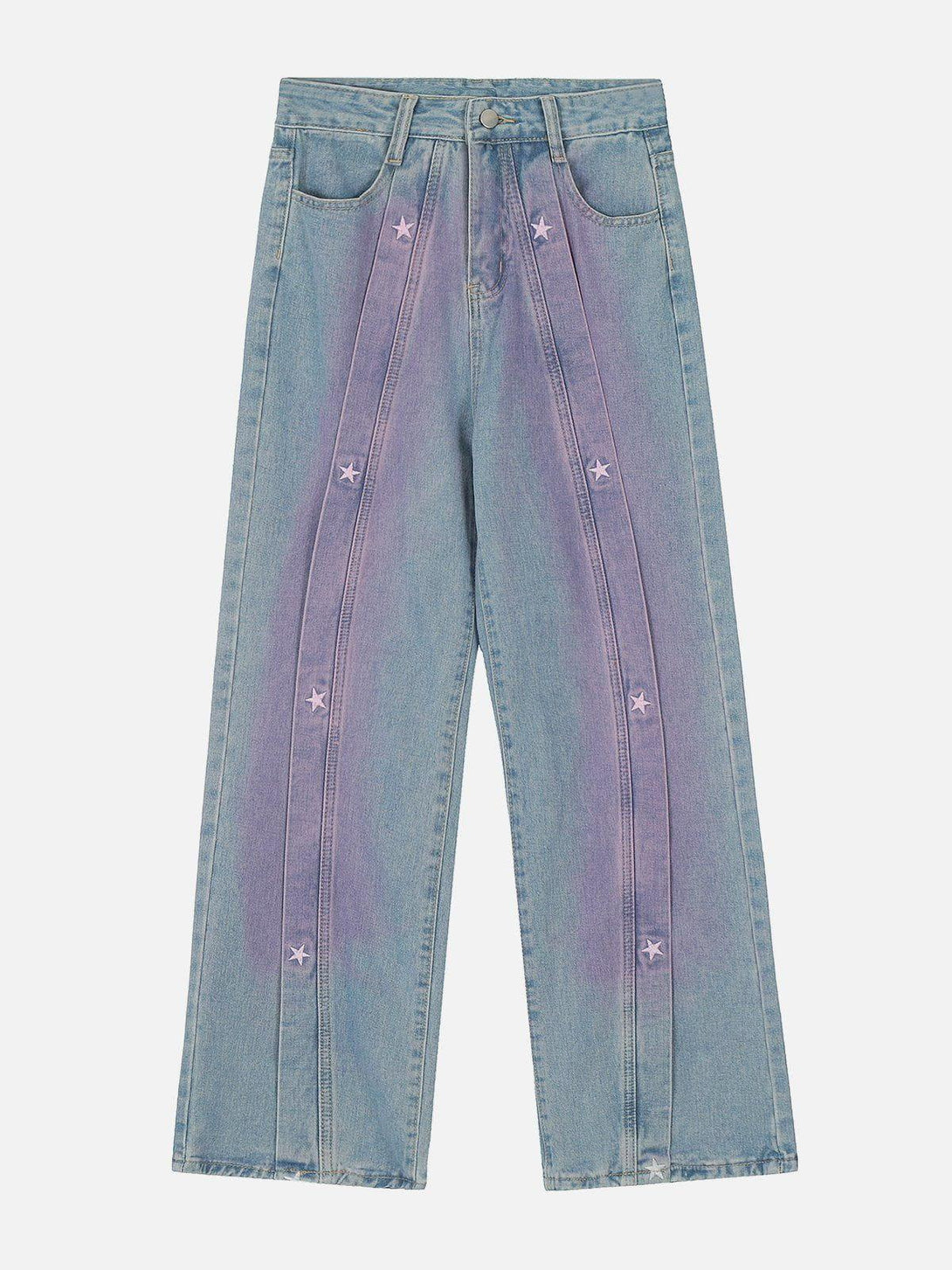 Front view of TALISHKO light blue washed jeans with purple star embroidery accents.