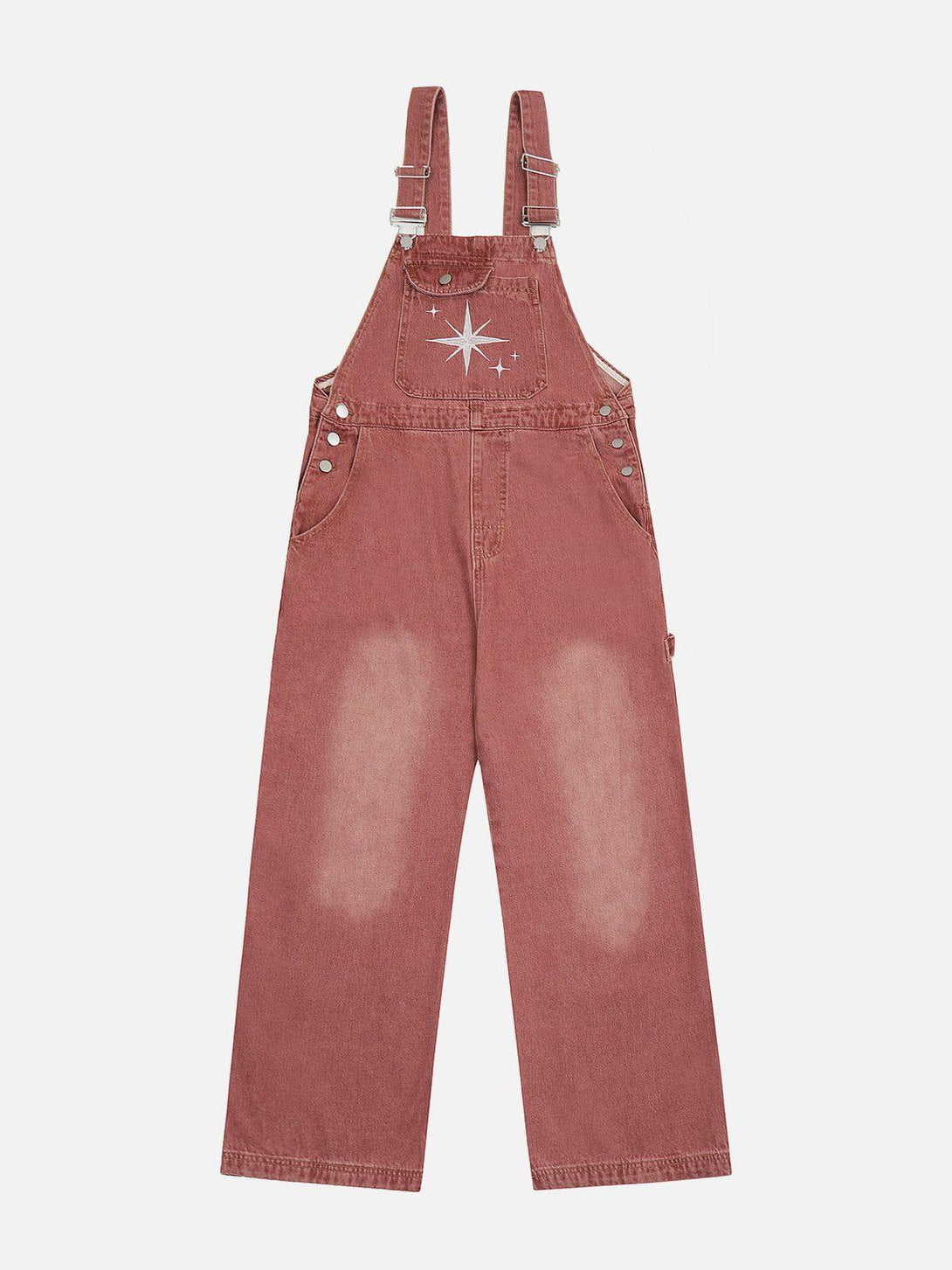 Front view of pink overalls with star embroidery by TALISHKO, perfect for casual style.