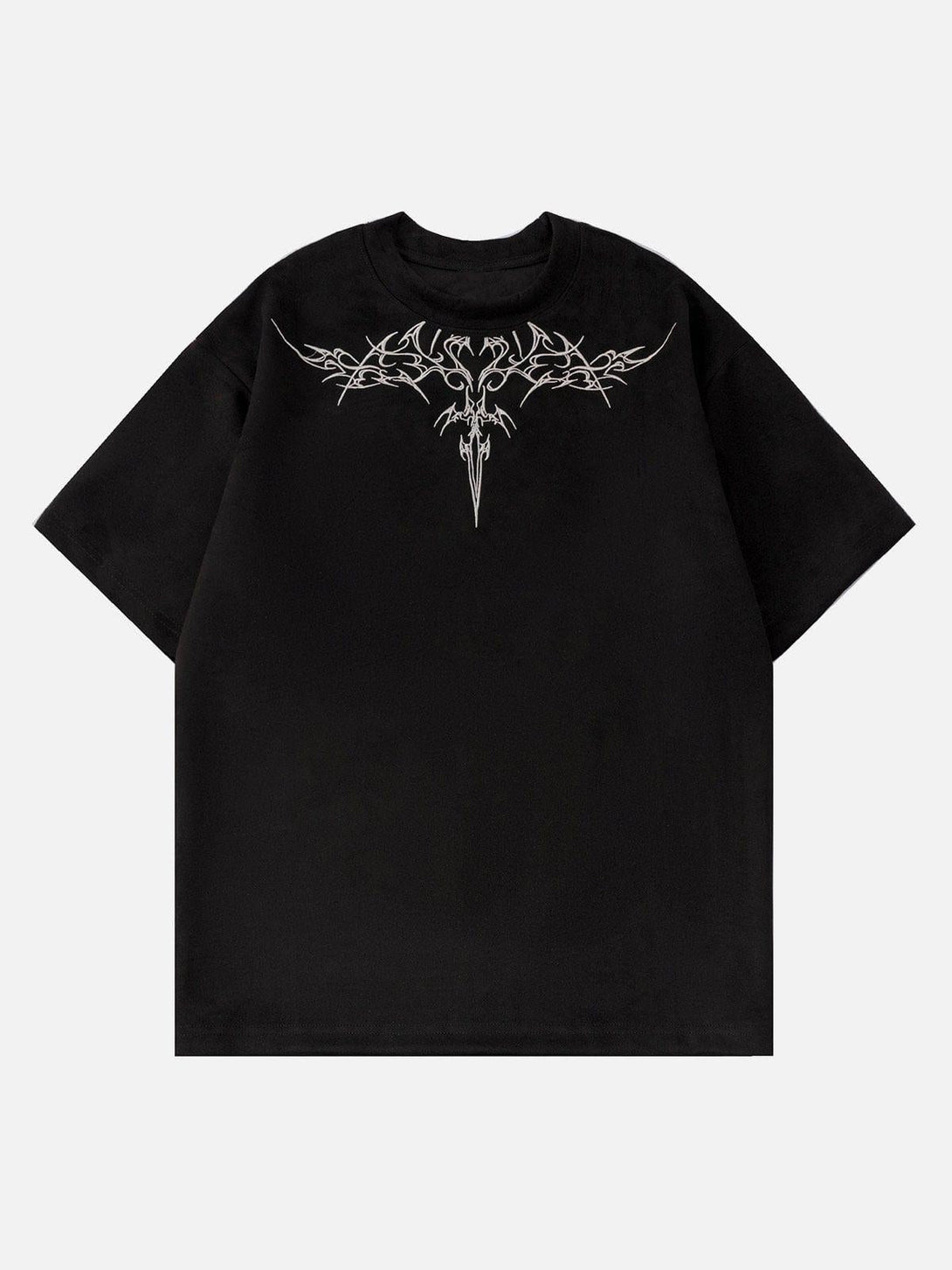 Front view of a black suede tee with intricate embroidery by TALISHKO, perfect for warm days.