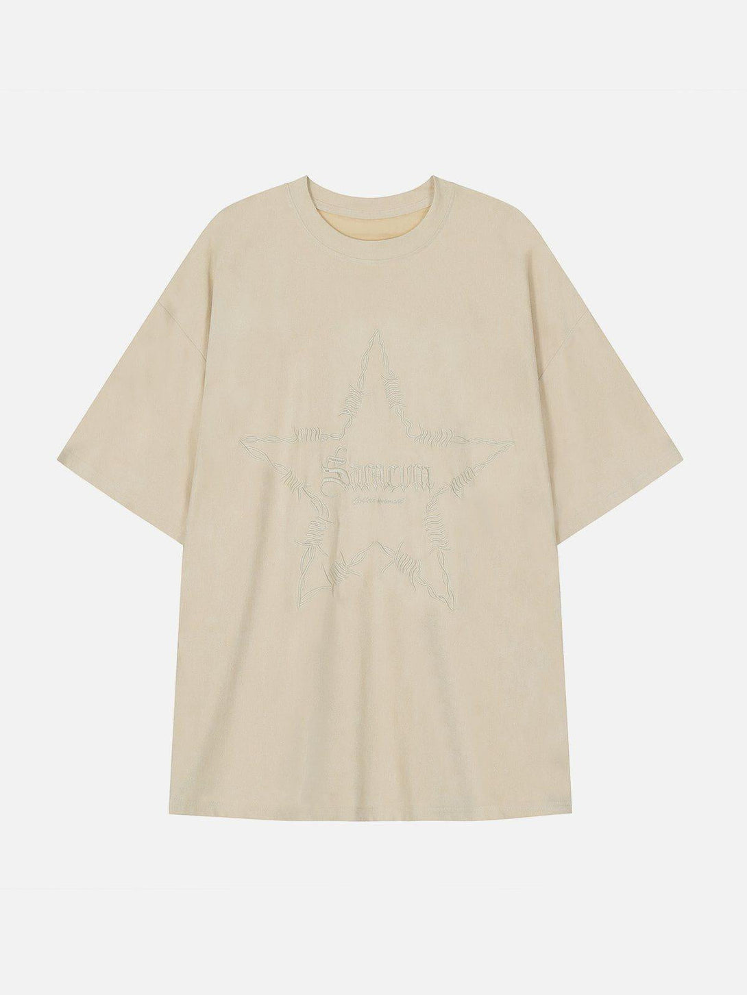 Front view of apricot tee with thorn star embroidery by TALISHKO, ideal for warm-weather style.