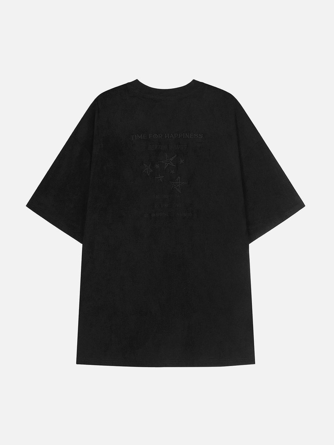 Back view of black tee with subtle star embroidery, featuring TALISHKO's unique design.