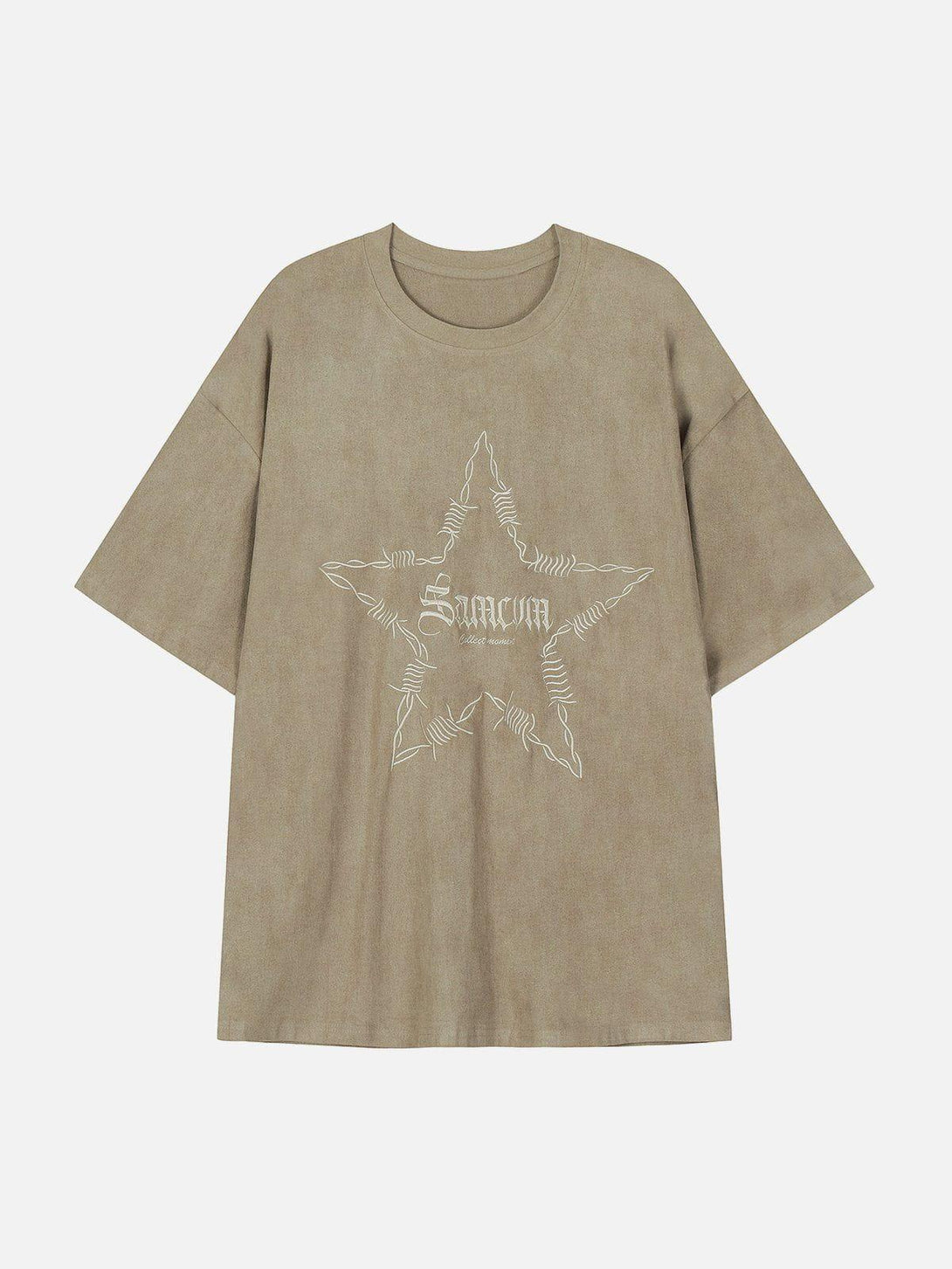 Front view of gray tee with star embroidery by TALISHKO, ideal for casual summer outfits.