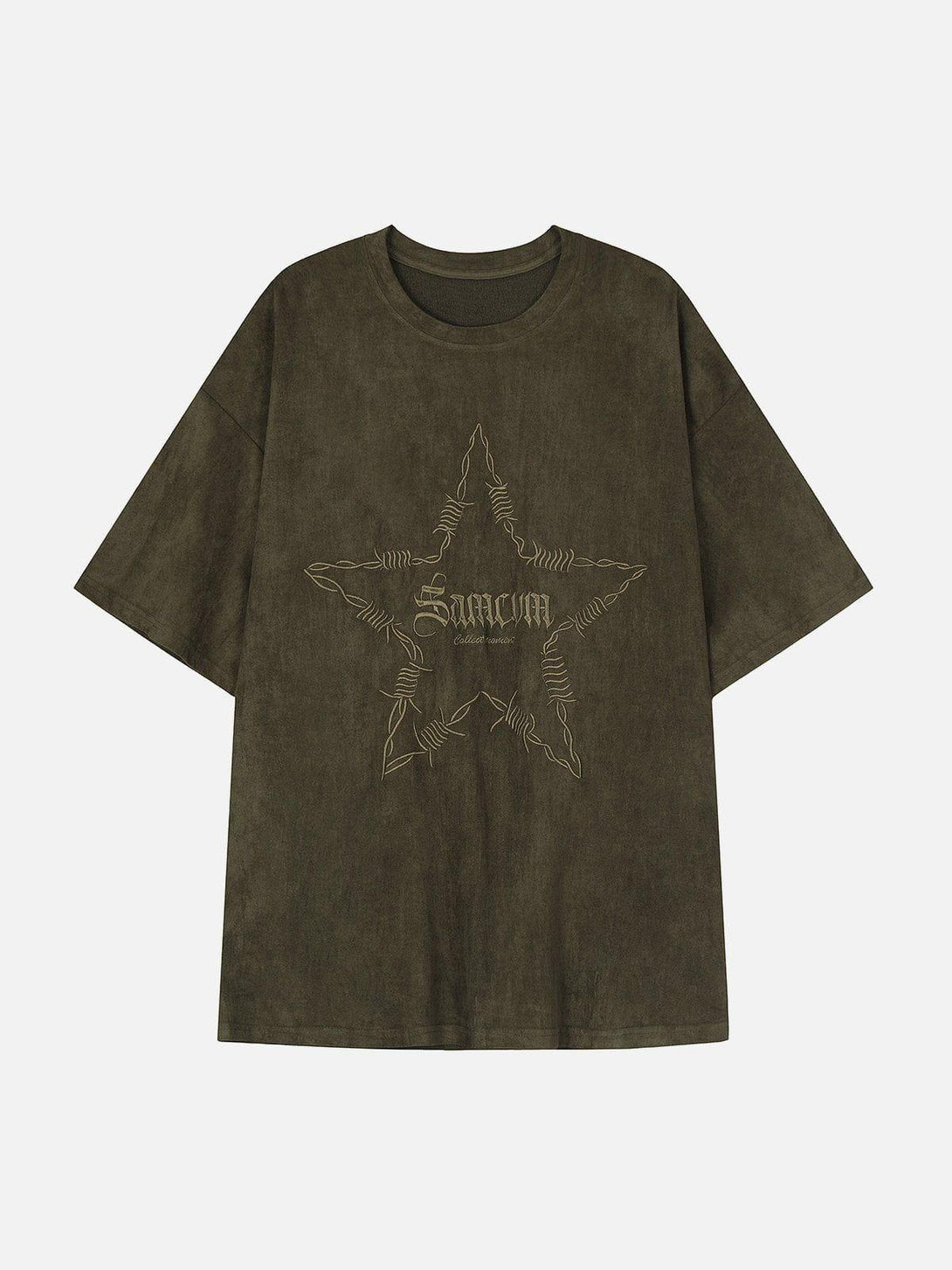 Front view of green tee with star embroidery by TALISHKO, perfect for casual summer style.
