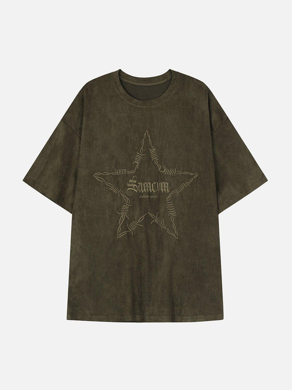 Front view of green tee with star embroidery by TALISHKO, perfect for casual summer style.