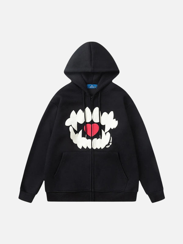 Front view of a black hoodie with tooth and heart embroidery design by TALISHKO.