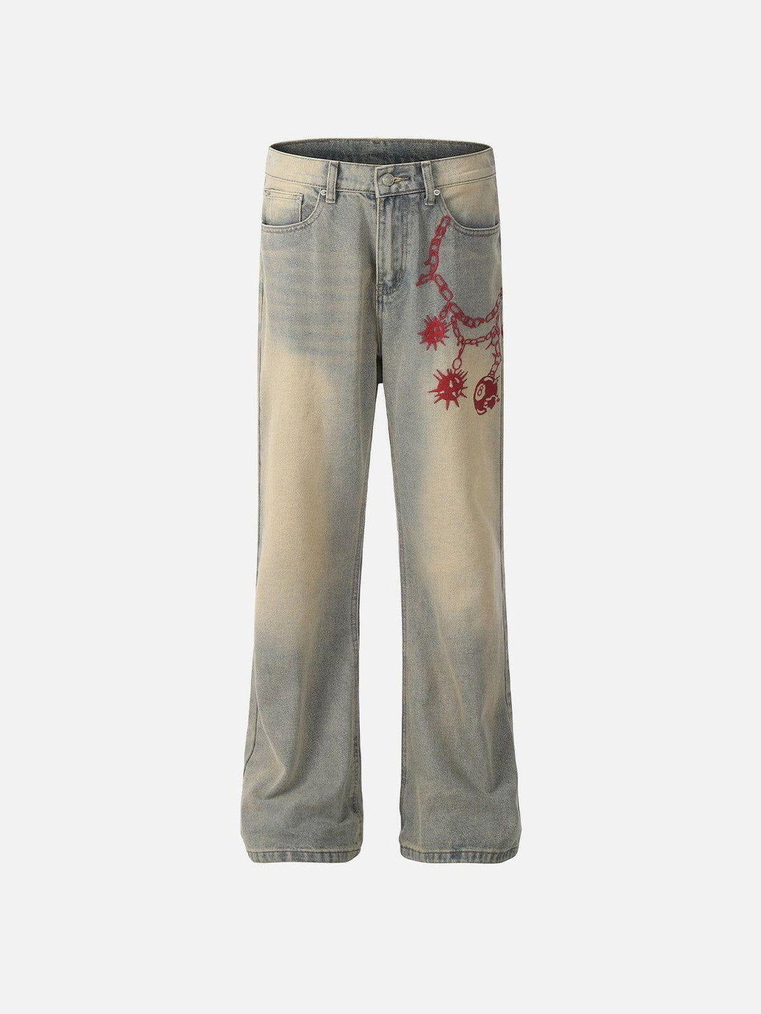 Front view of TALISHKO washed blue jeans with red embroidery, ideal for urban style.