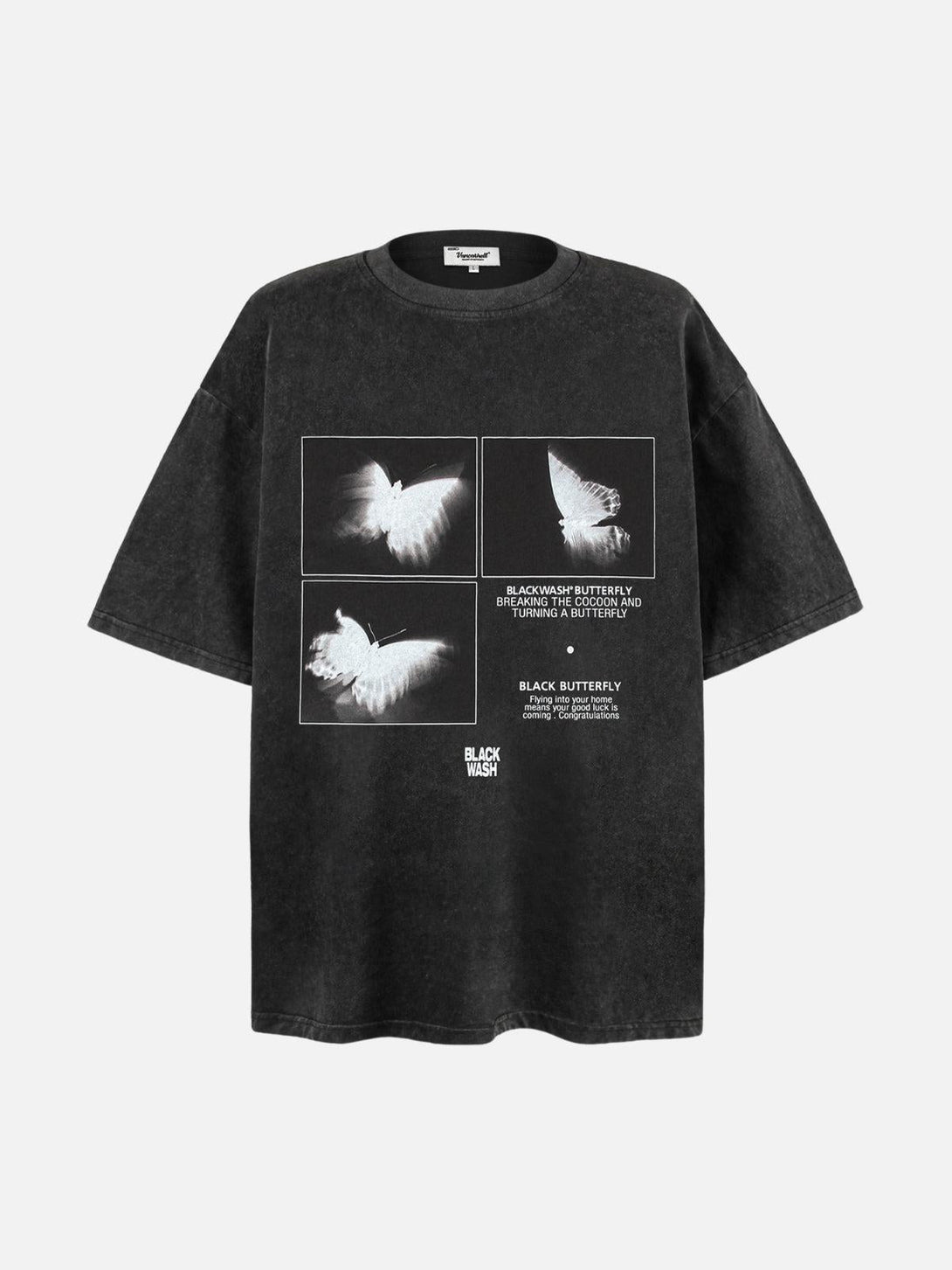 Front view of black TALISHKO tee with ethereal butterfly graphics and a casual, relaxed fit.