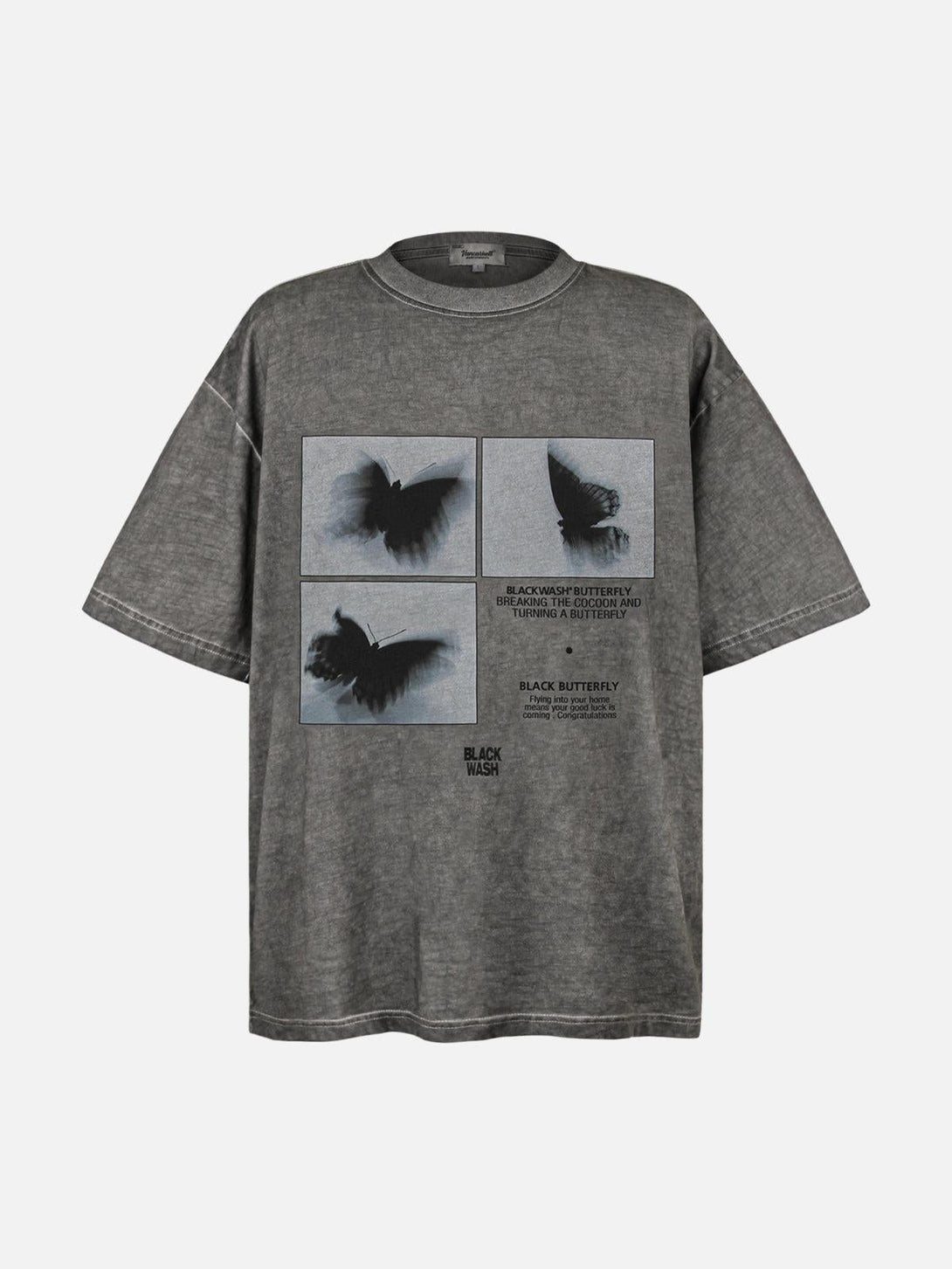 Front view of gray TALISHKO butterfly tee, featuring cinematic wing graphics and a relaxed fit.
