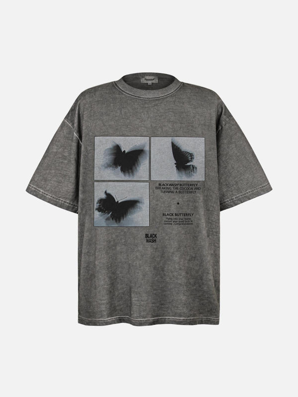 Front view of gray TALISHKO butterfly tee, featuring cinematic wing graphics and a relaxed fit.