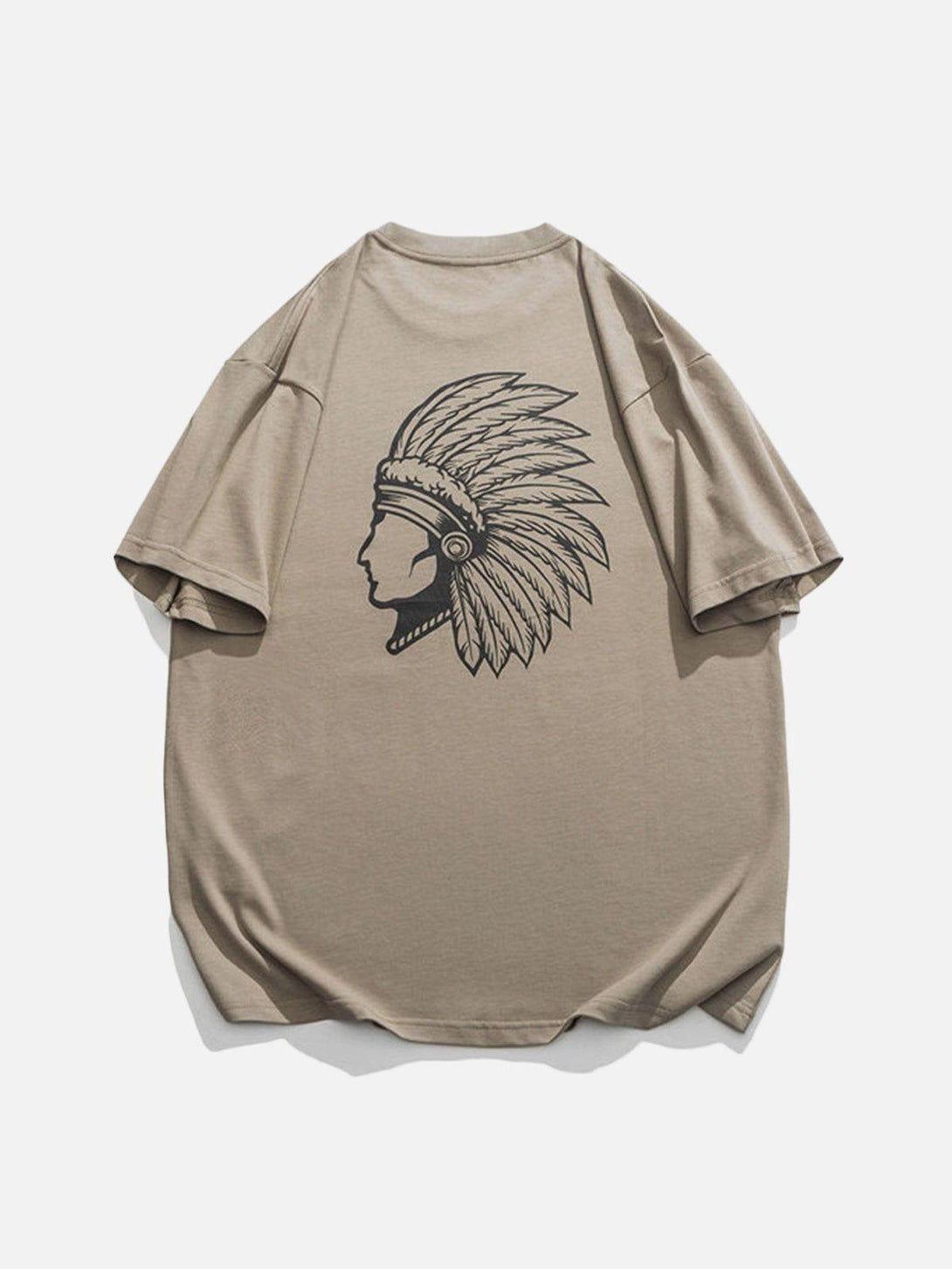 Coffee-colored tee featuring an ethnic portrait print on the back, crafted by TALISHKO.