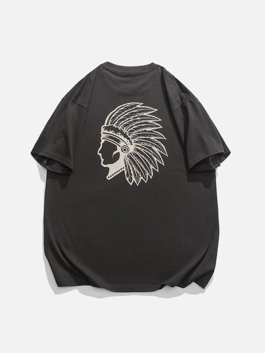 Gray tee with ethnic portrait print on back, crafted by TALISHKO for a relaxed style.