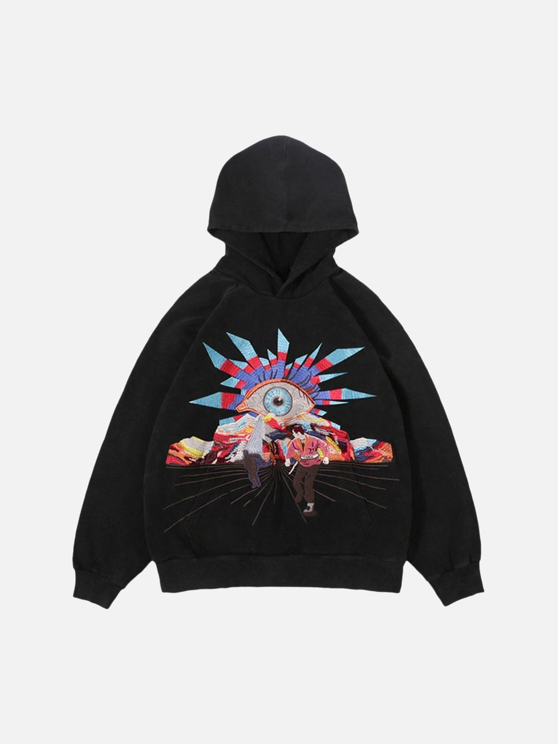 Front view of a black hoodie by TALISHKO, showcasing colorful evil eye embroidery design.