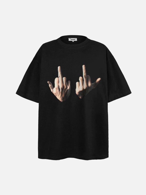 Front view of a black graphic tee by TALISHKO, featuring bold expressive hand gestures.