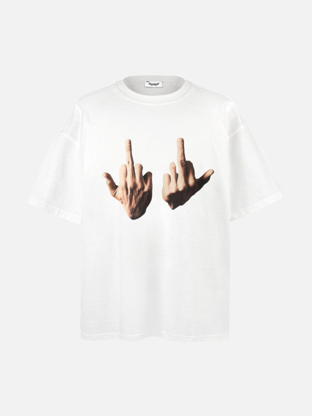 Front view of a white graphic tee by TALISHKO, featuring expressive hand gesture design.