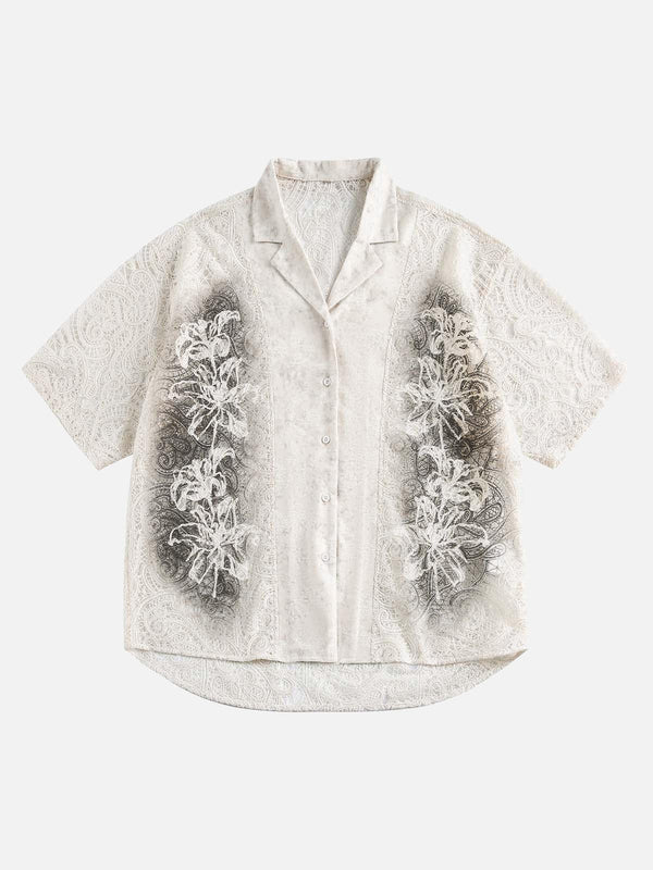 Front view of a white floral embroidered short-sleeve shirt by TALISHKO, ideal for urban style.