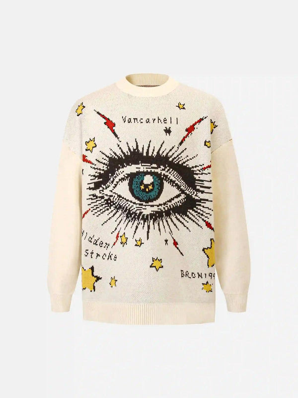 Front view of apricot Eye Contact Sweater by TALISHKO, featuring bold graphic design.