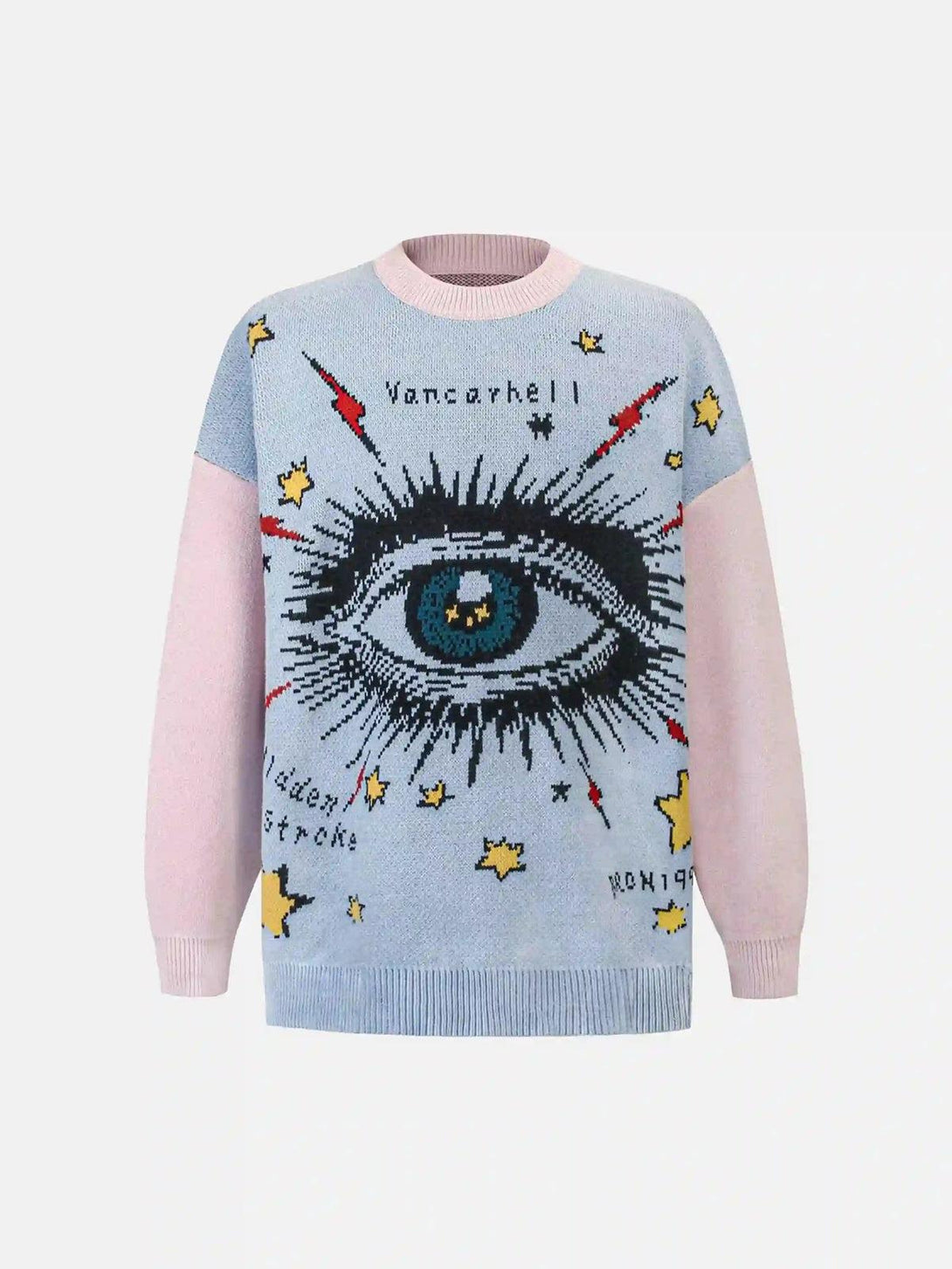 Front view of blue Eye Contact Sweater by TALISHKO, featuring striking graphic design.