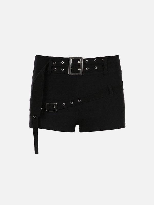 Front view of black eyelet shorts with belt detail by TALISHKO, ideal for warm-weather looks.