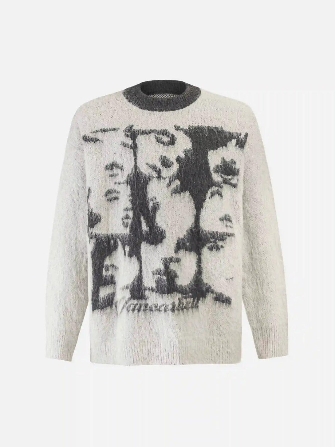 Front view of TALISHKO apricot mohair sweater featuring a bold facial pattern design.