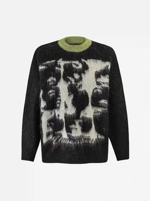 Front view of TALISHKO mohair sweater in black with a bold facial pattern and green collar.