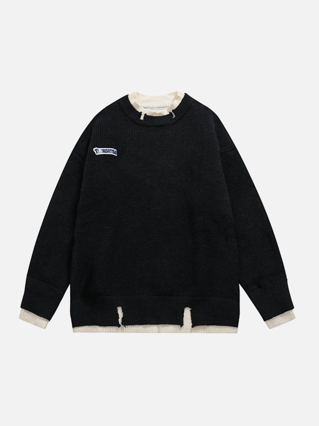 Front view of a black fake two sweater by TALISHKO, featuring a relaxed, urban style.
