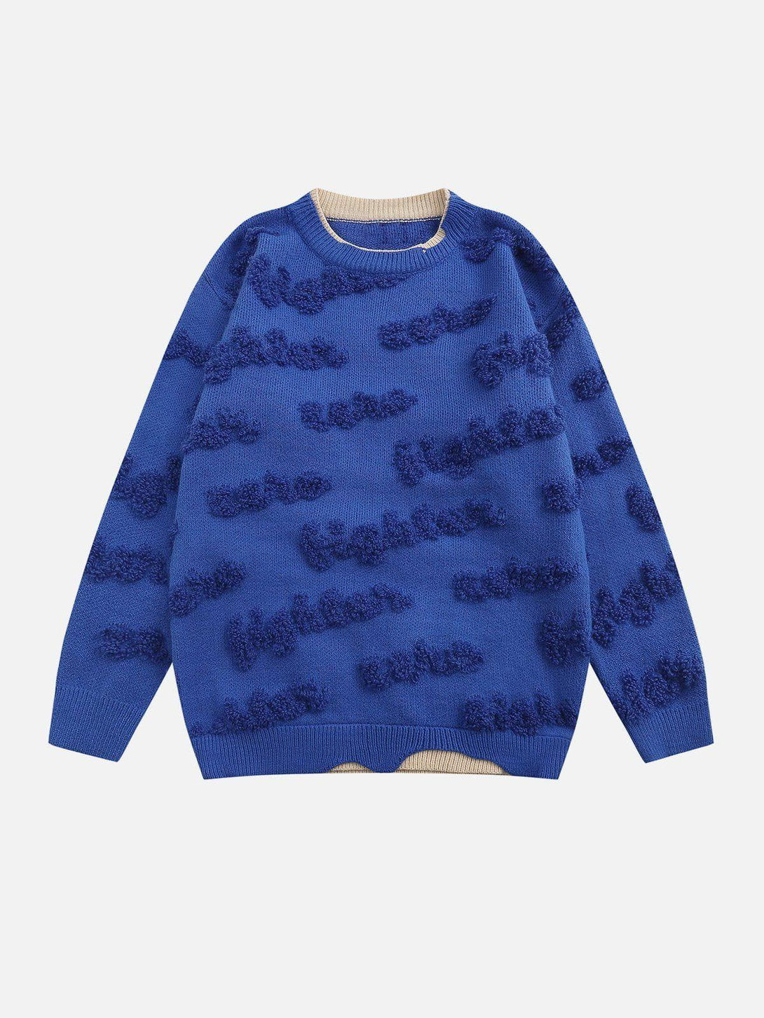 Front view of a blue fake two sweater by TALISHKO, featuring textured details and a layered look.