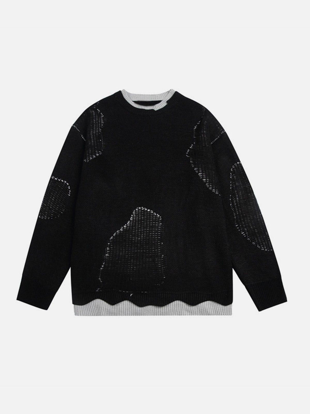 Front view of a black TALISHKO sweater showcasing a unique breakage design and layered style.