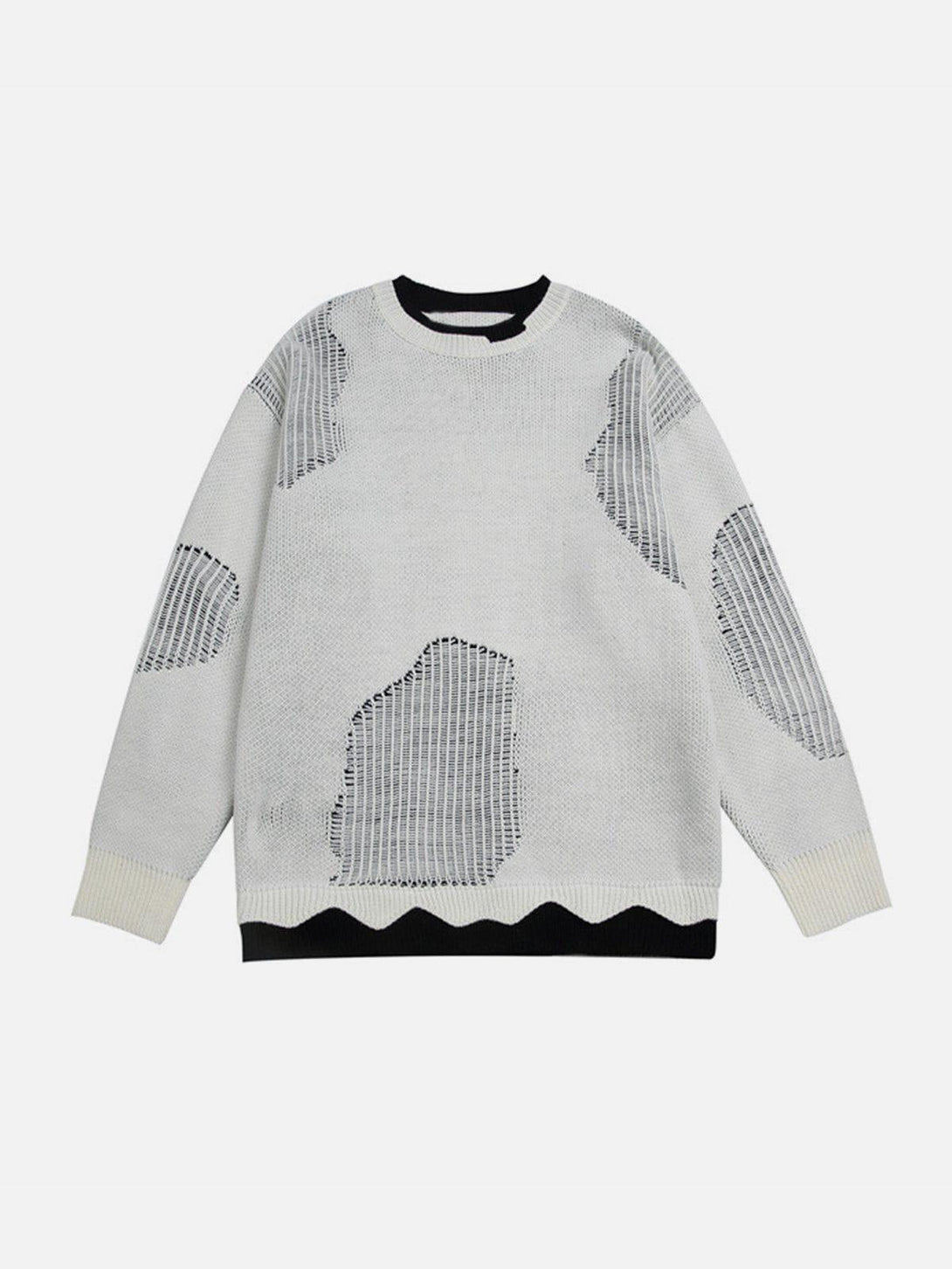 Front view of a white TALISHKO sweater with unique breakage design, perfect for casual style.