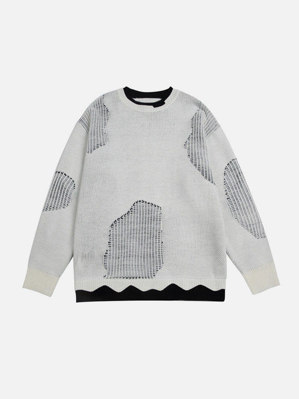 Front view of a white TALISHKO sweater with unique breakage design, perfect for casual style.