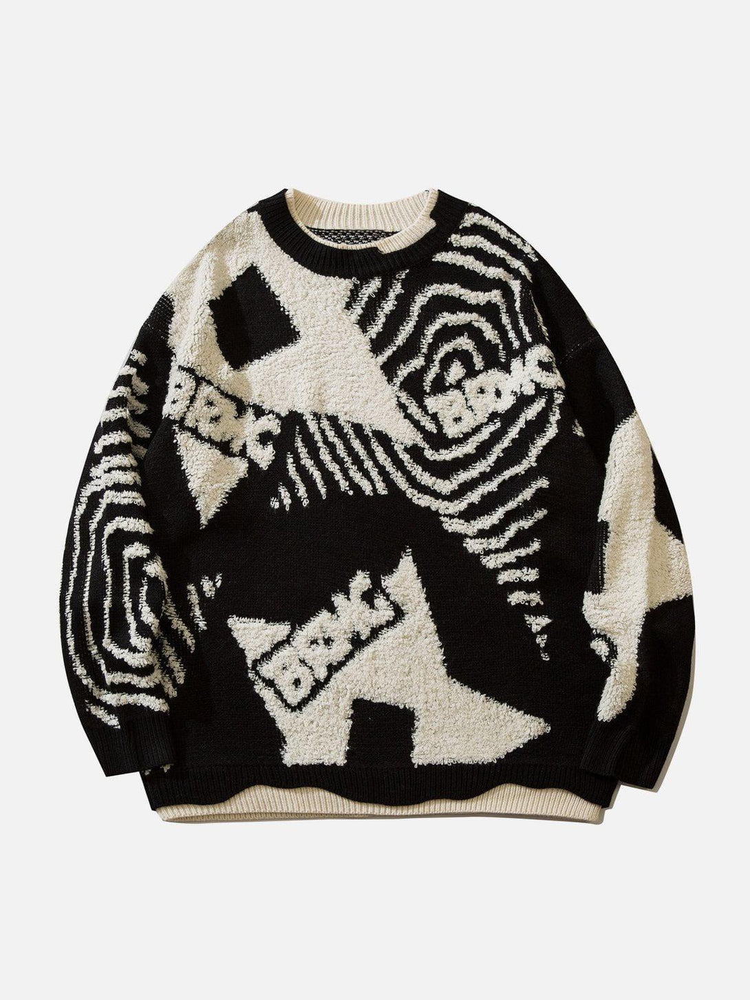 Front view of TALISHKO's black sweater featuring bold abstract patchwork and textured details.