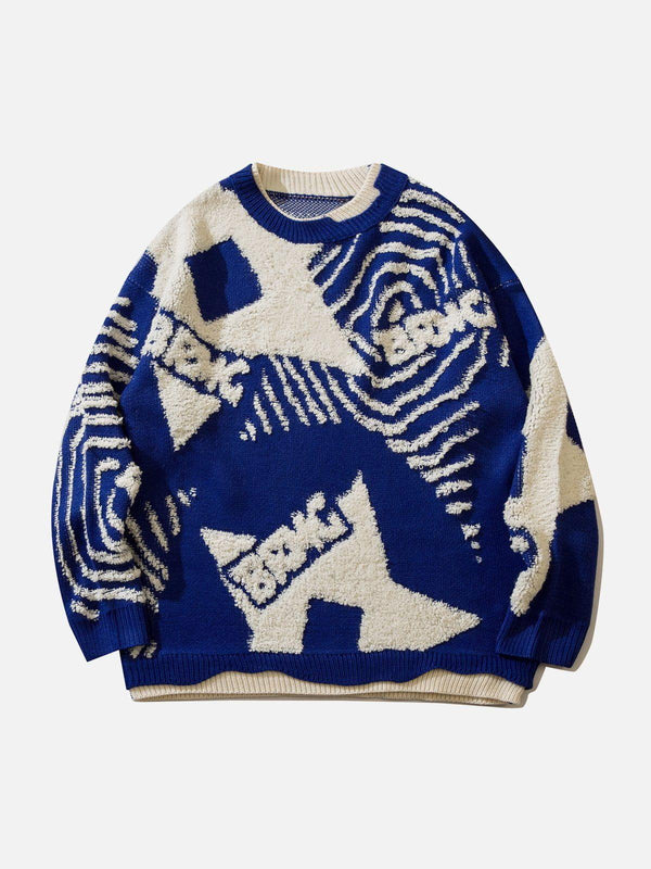 Front view of a blue TALISHKO sweater with abstract patchwork design, perfect for stylish layering.