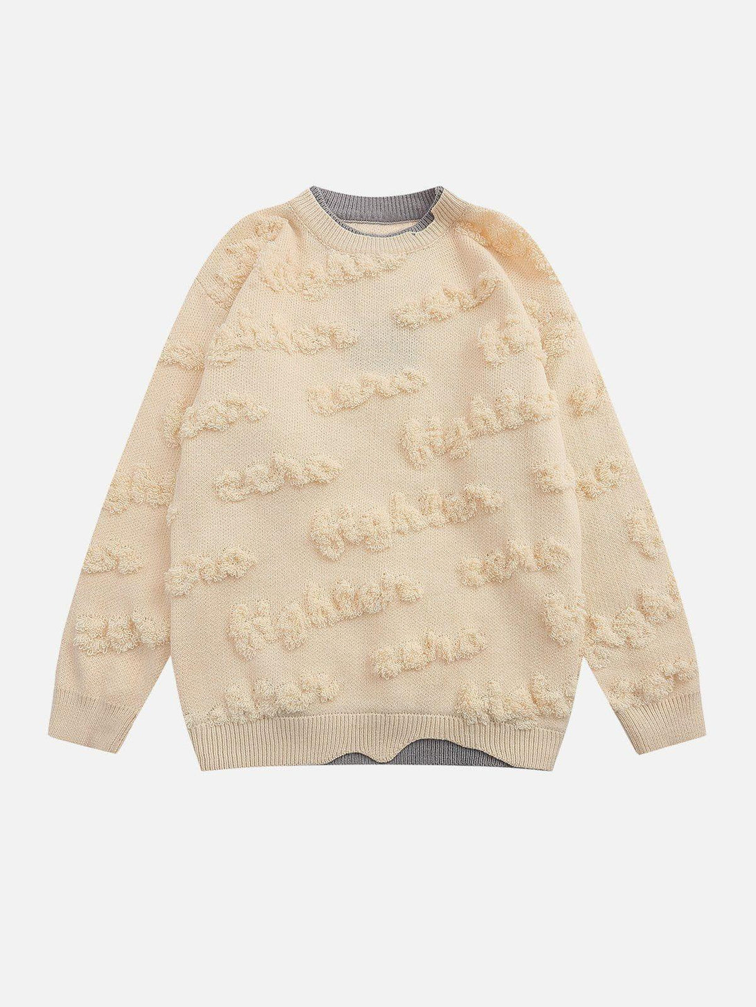 Front view of a beige fake two sweater by TALISHKO, featuring textured knit details.