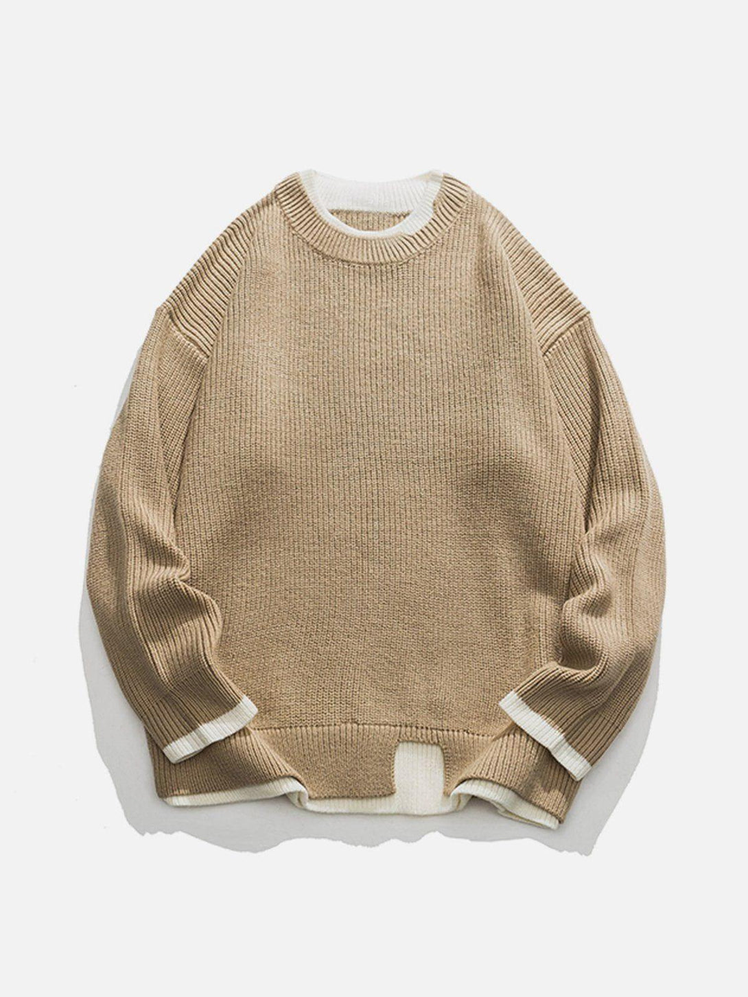 Khaki patchwork knit sweater by TALISHKO, showcasing a textured front with contrasting accents.