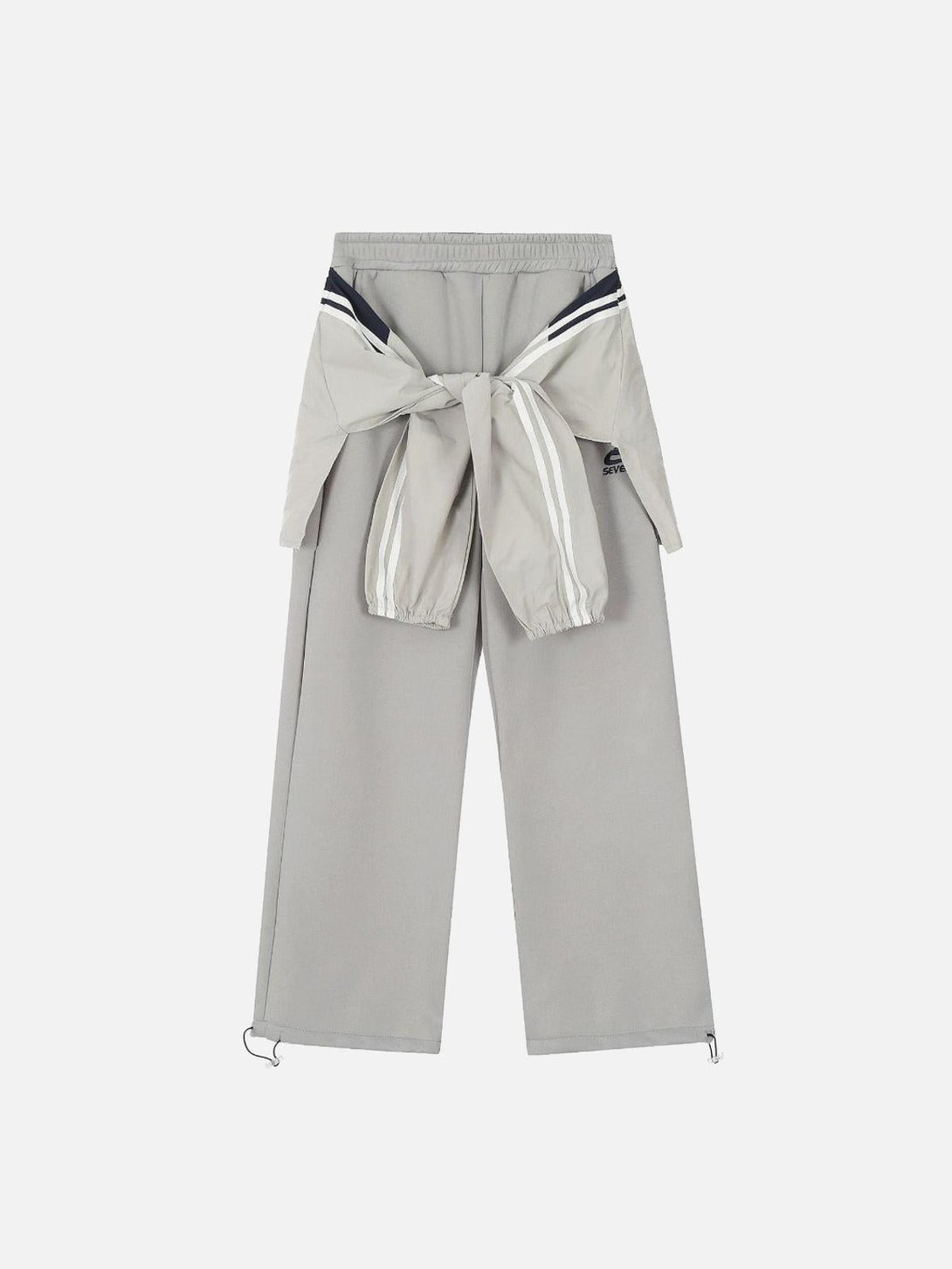TALISHKO gray sweatpants with a layered design and drawstring detail, front view.