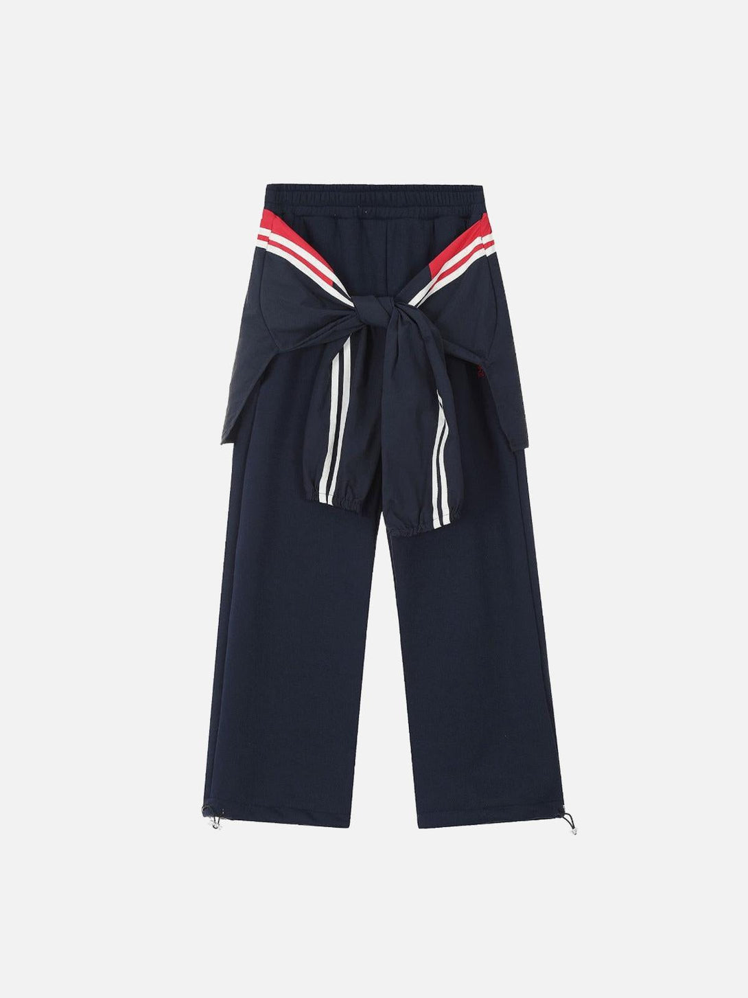 TALISHKO navy sweatpants in a fake two-piece design with red and white accents, front view.