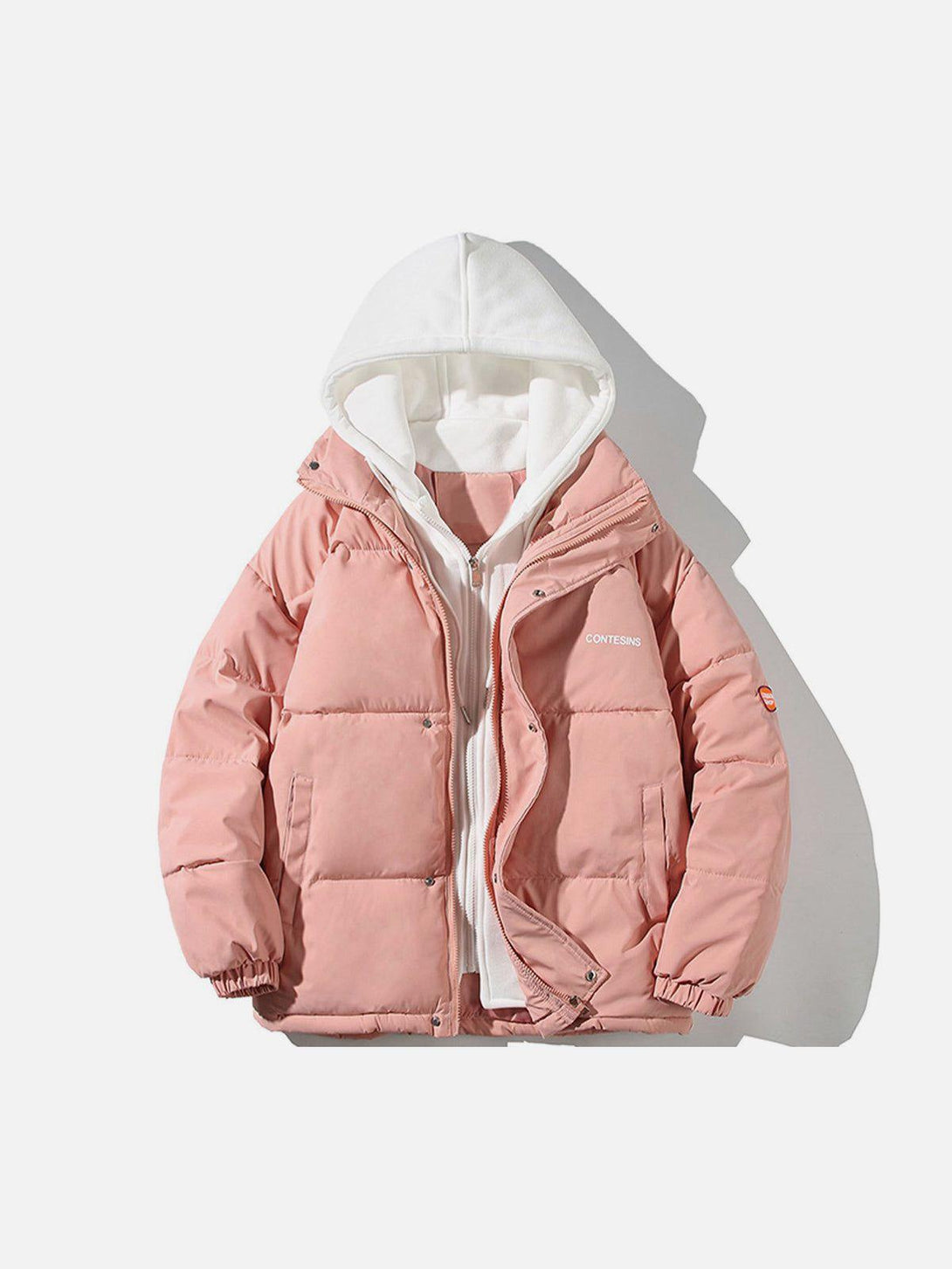 Front view of pink hooded winter coat with layered design, crafted by TALISHKO.