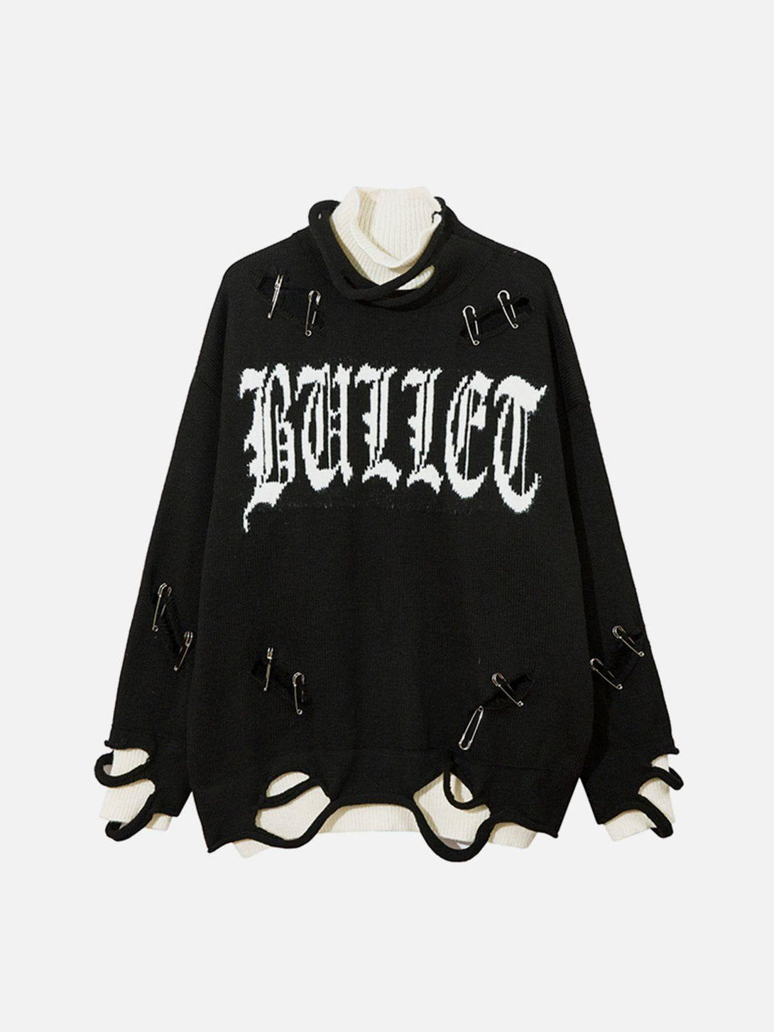 Front view of a black TALISHKO sweater with bold text and edgy pin details for a layered look.